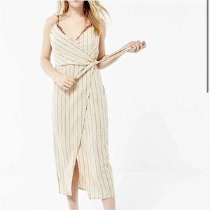 Urban Outfitters Quebec BeigeLinen Striped Side-Tie Midi Wrap Tank Dress Size SP